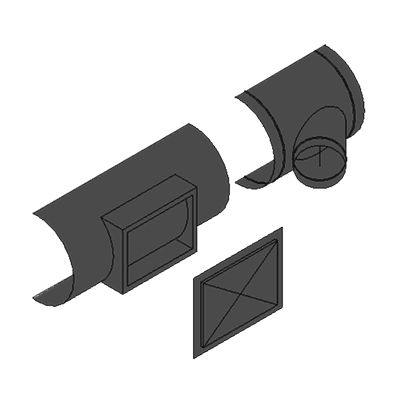 Black Iron Welded 45° Tap, Rectangular on Round, Rectangular End Cap